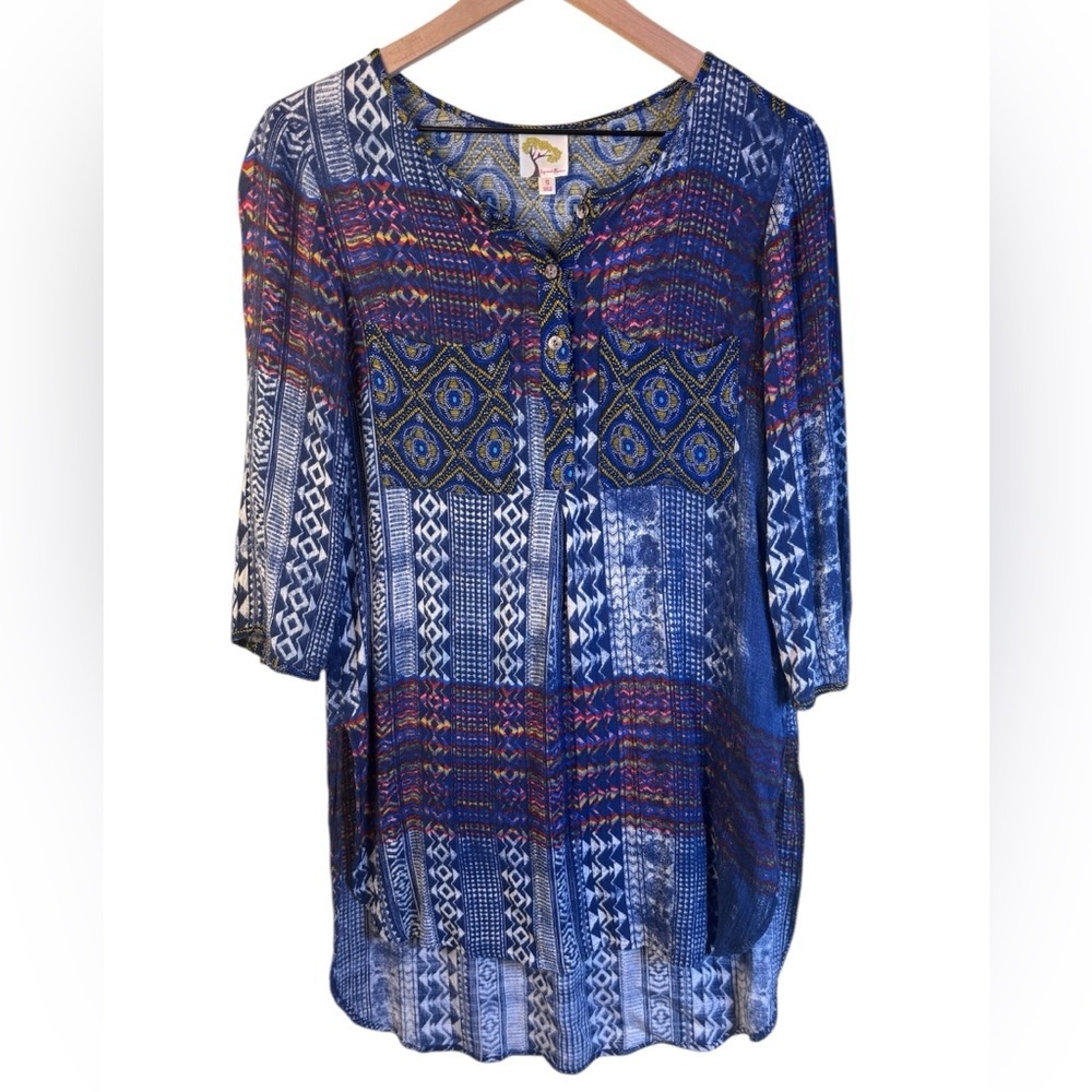 Anthropologie Fig And Flower Bohemian Blue Patterned Blouse 3/4 Sleeves Small